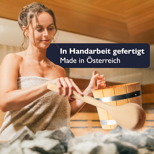 Liebenstein 7-teiliges Premium-Komplettset – Lärchenholz Saunaeimer mit Kelle, 3 x Sauna-Aufguss, Sanduhr & Hygro-/Thermometer