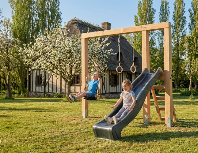 EXIT Linea Massiv 140 Holz-Schaukel mit Rutsche und Turnringen