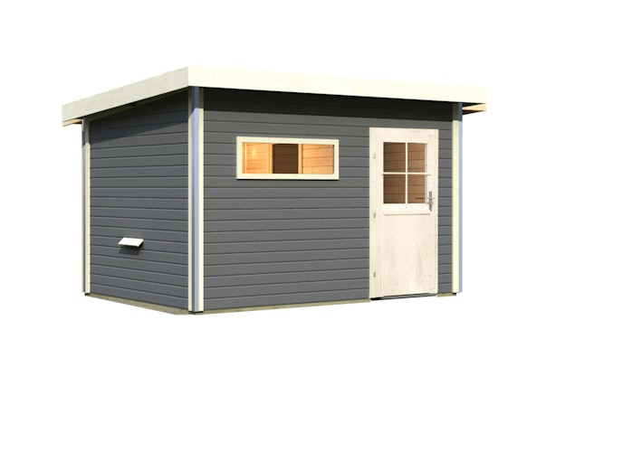 Karibu Saunahaus Skrollan 3 mit Vorraum terragrau (Rechteckfenster) inkl. gratis Sauna-Zubehörset im Wert von 234,94 €
