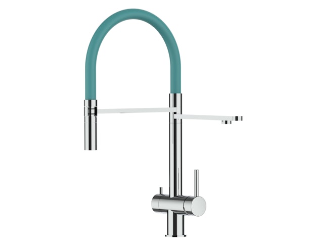 3 Wege Wasserhahn Küchenarmatur, Edelstahl Massiv mit 360° schwenkbarem Auslauf, abnehmbare 2 strahl Handbrause, Hochglanz / Türkis