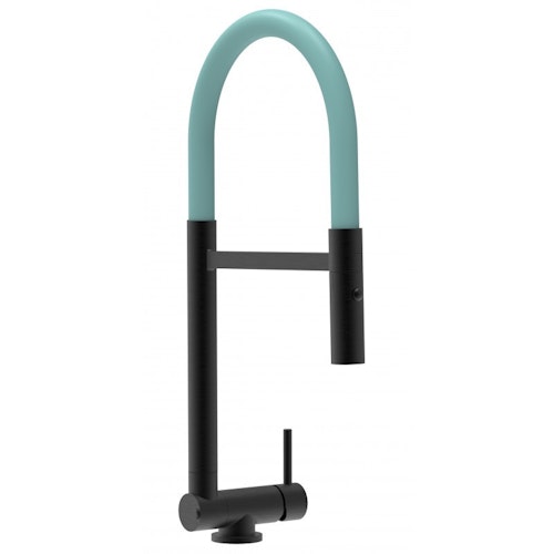 Wasserhahn Vorfenster Küchenarmatur, Umklappbar 4,5 CM, mit 360° schwenkbarem Auslauf, abnehmbare 2 strahl Handbrause, Schwarz Matt / Türkis