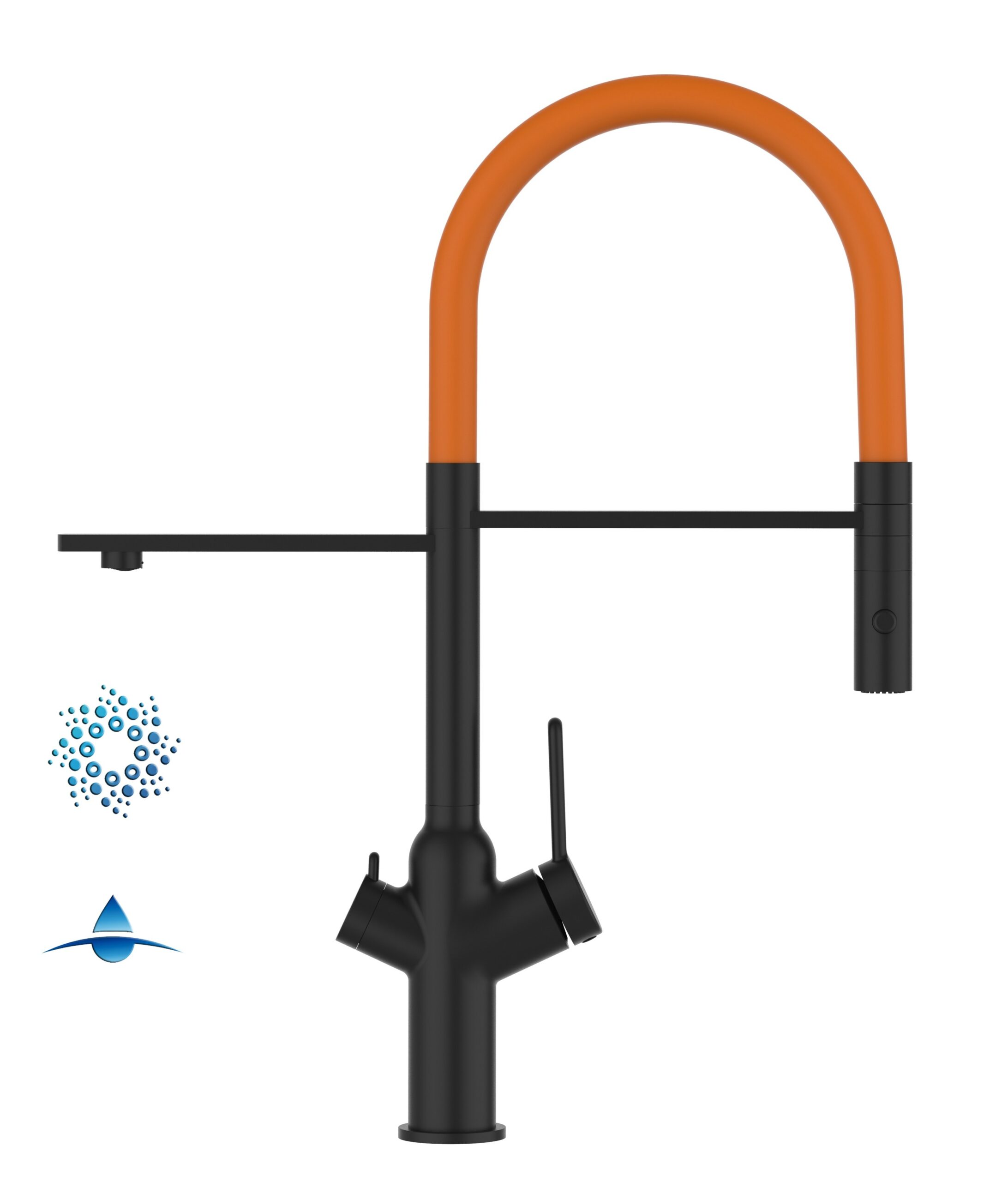 4 Wege Wasserhahn Küchenarmatur, BOD, mit 360° schwenkbarem Auslauf, abnehmbare 2 strahl Handbrause, Schwarz Matt / Orange