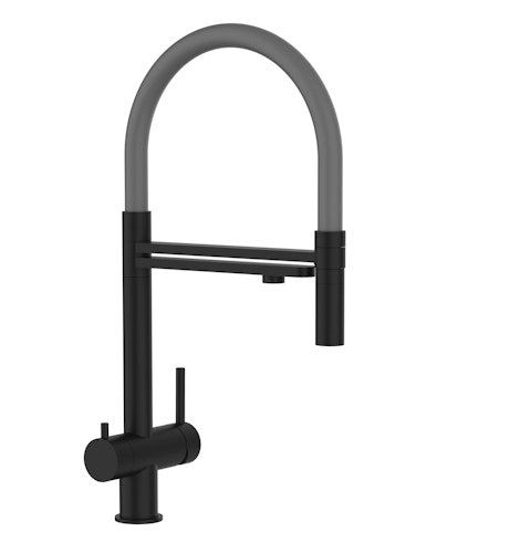 3 Wege Wasserhahn Küchenarmatur, Edelstahl Massiv mit 360° schwenkbarem Auslauf und abnehmbare 2 strahl Handbrause, PVD Schwarz Matt / Grau