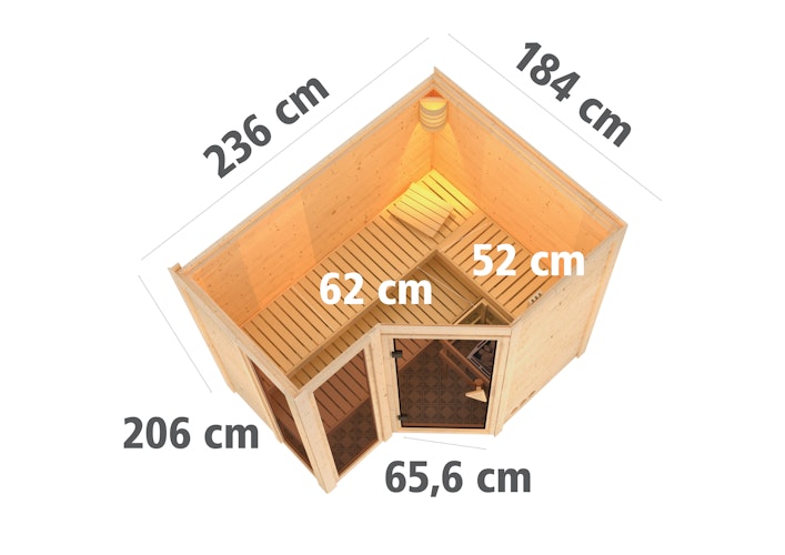 Karibu Sauna Amara-Massivholzsauna 38 mm -Eckeinstieg - Exklusivoptik inkl. gratis Sauna-Zubehörset im Wert von 234,94 €
