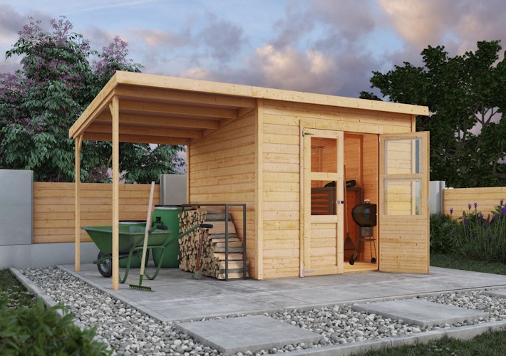 Karibu Eco Gartenhaus Merseburg 3 inkl. Anbaudach - Sparset inkl. gratis Fenster im Wert von bis zu 59,99 €