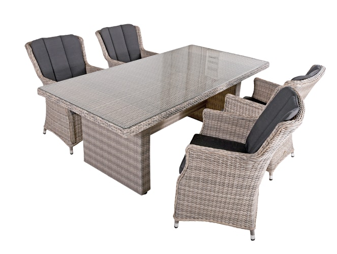 Garden Pleasure Gartenmöbel Set DIJON I, Tisch 200 x 100 + 4 Sessel, Polyrattan Sesamgrau / Glasplatte / Kissen 100 % Polyester Dunkelgrau