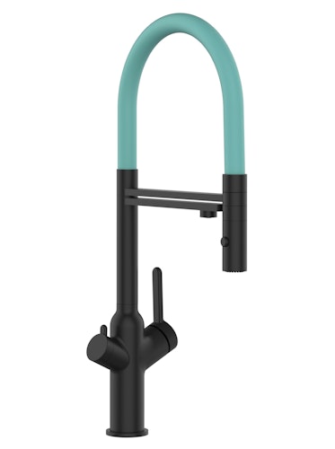 4 Wege Wasserhahn Küchenarmatur, BOD, mit 360° schwenkbarem Auslauf, abnehmbare 2 strahl Handbrause, Schwarz Matt / Türkis