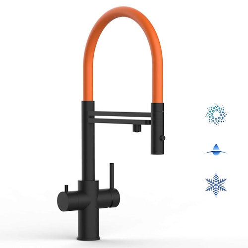 5 Wege Wasserhahn Küchenarmatur, Edelstahl Massiv mit 360° schwenkbarem Auslauf, abnehmbare 2 strahl Handbrause, PVD Schwarz Matt / Orange