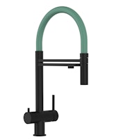 Kurzversion 45 cm - 3 Wege Wasserhahn Küchenarmatur, Edelstahl Massiv mit 360° schwenkbarem Auslauf und abnehmbare 2 strahl Handbrause, PVD Schwarz Matt / Türkis