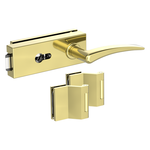 Griffwerk Glastürbeschlag PURISTO S mit Griff MARISA PROF Profilzylinder Flüster 3-tlg. Bänder MARISA Messing-Optik