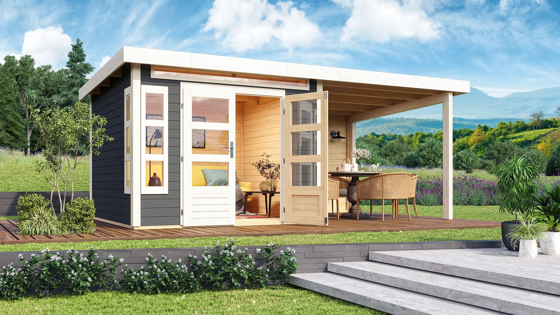 Karibu Premium Gartenhaus Kastorf 6/7 mit Fensterecke - inkl. 320 cm Anbaudach - 28 mm
