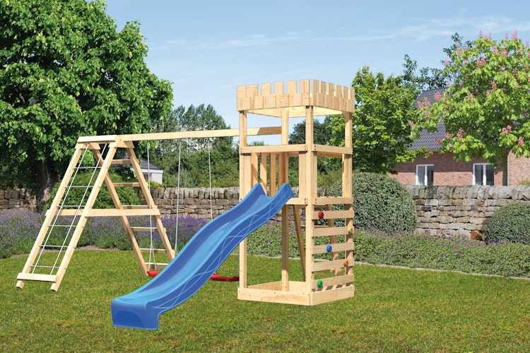 Akubi Kinderspielturm Ritterburg Löwenherz inkl. Wellenrutsche, Doppelschaukelanbau, Klettergerüst und Kletterwand