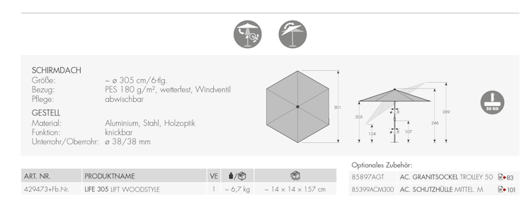 doppler Mittelmastschirm LIFE Woodstyle 305 Lift, Aluminium Holzoptik / 100 % Polyester 180 g/m² 