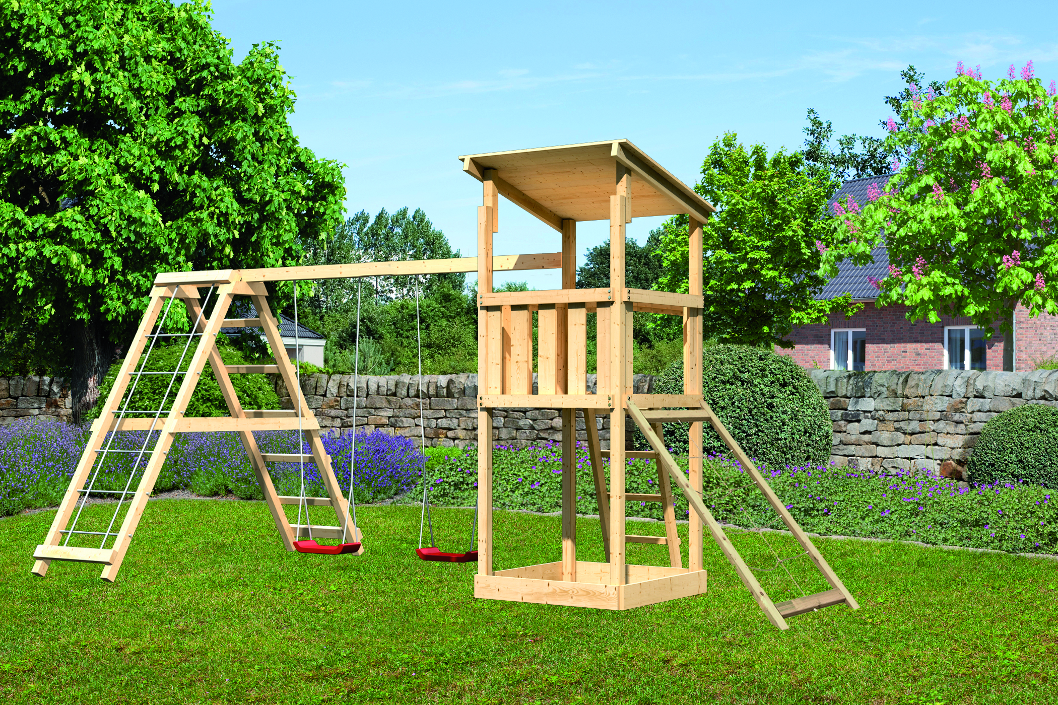 Akubi Kinderspielturm Anna mit Pultdach inkl. Netzrampe, Doppelschaukel und Klettergerüst