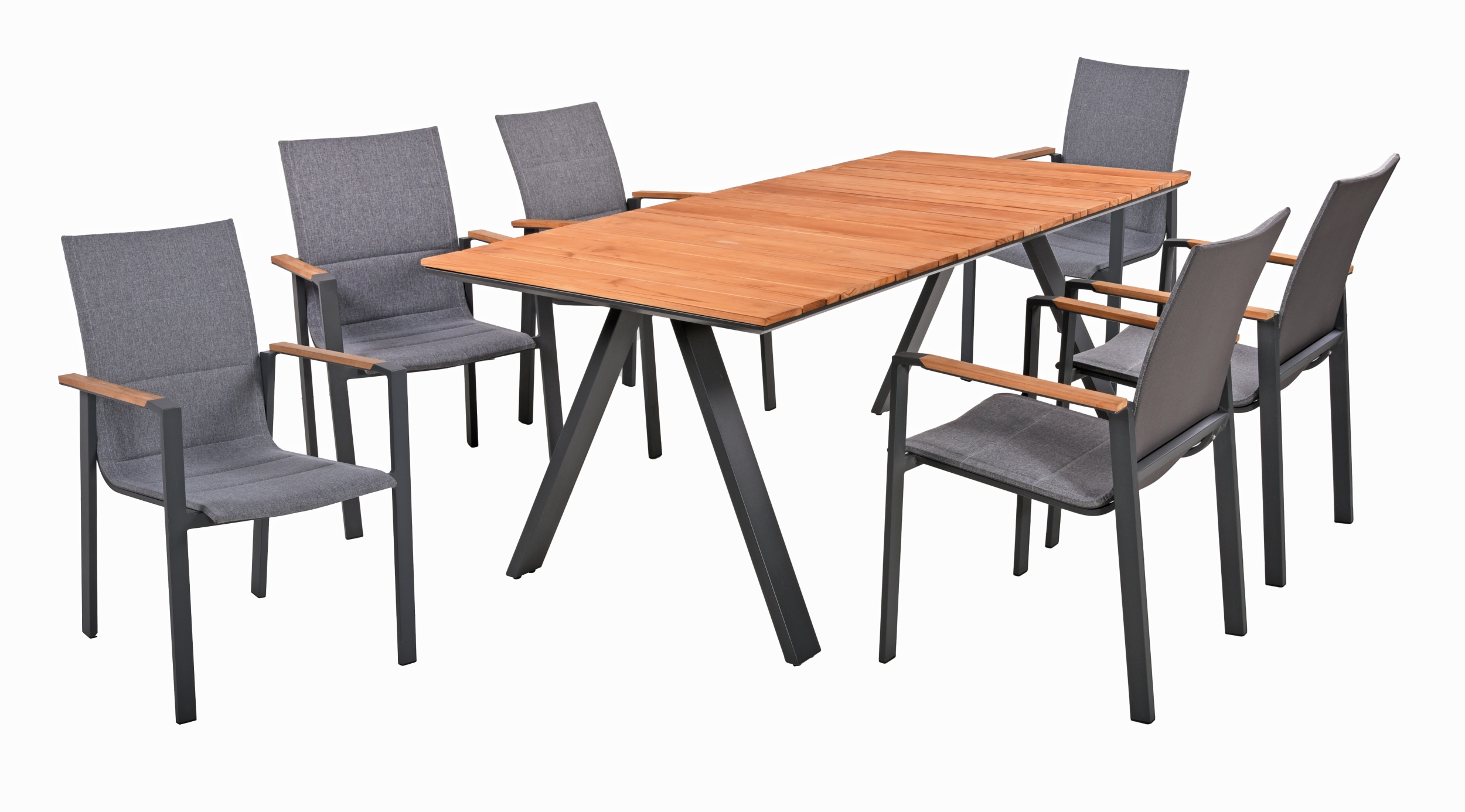 Garden Pleasure Gartenmöbel Set DAVINA 02, Tisch 180 x 90 +  6 Stapelsessel, Aluminium / Teak / Kunststoffgewebe