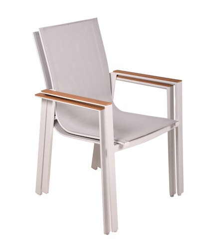 Garden Pleasure Gartenmöbel Set VENICE 01, Tisch 200 x 100 + 4 Stapelssessel, Alu Weiß / Nonwood Teak-Optik / Kunststoffgewebe Hellgrau