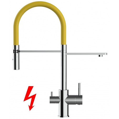 NIEDERDRUCK 3 Wege Wasserhahn Küchenarmatur, FL, mit 360° schwenkbarem Auslauf, abnehmbare 2 strahl Handbrause, Verchromt / Gelb