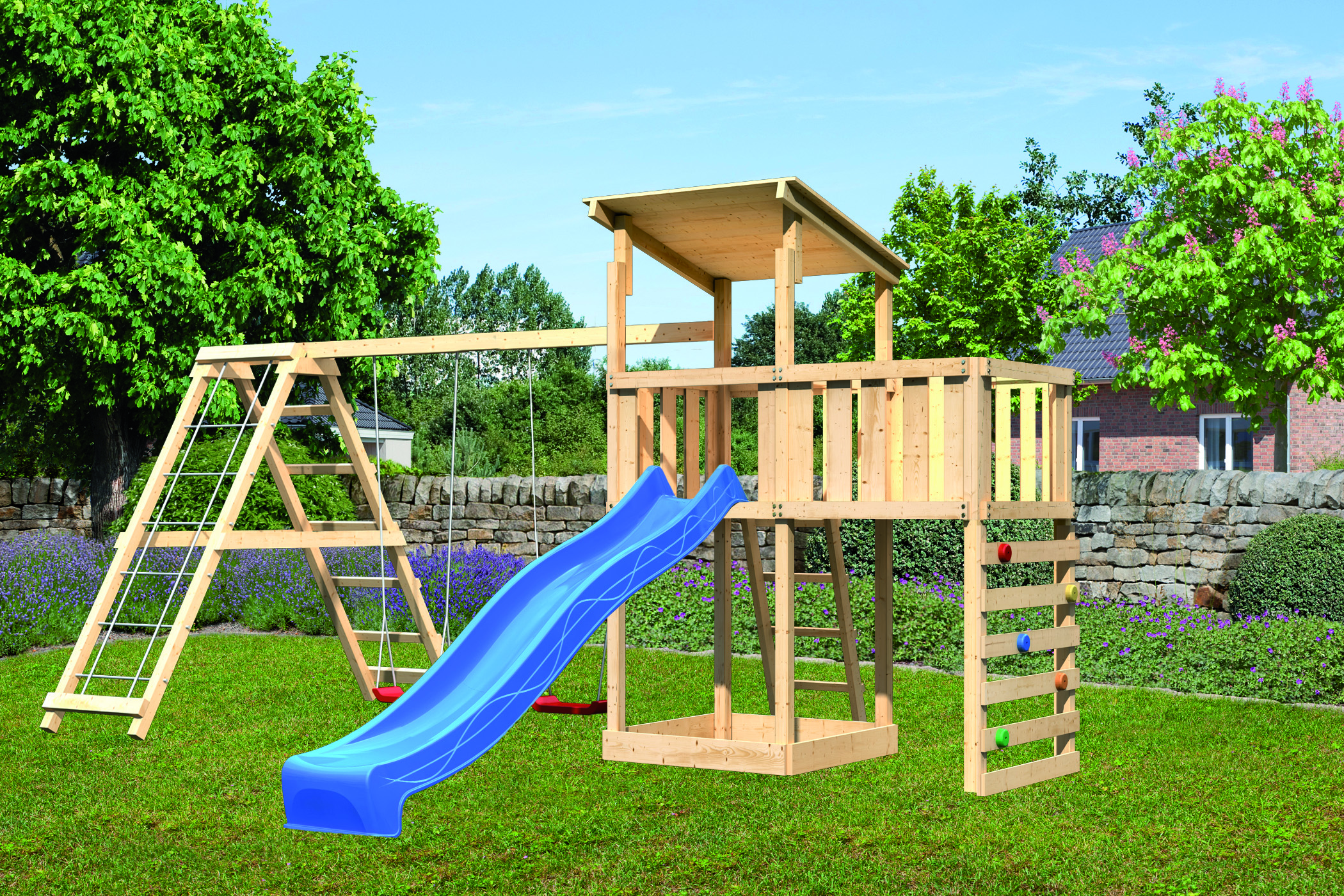 Akubi Kinderspielturm Anna mit Pultdach inkl. Kletterwand, Wellenrutsche, Anbauplattform, Doppelschaukel und Klettergerüst