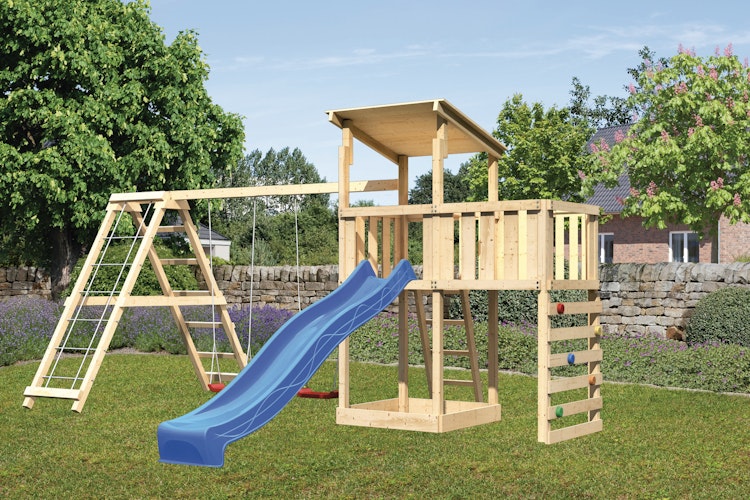 Akubi Kinderspielturm Anna mit Pultdach inkl. Kletterwand, Wellenrutsche, Anbauplattform, Doppelschaukel und Klettergerüst
