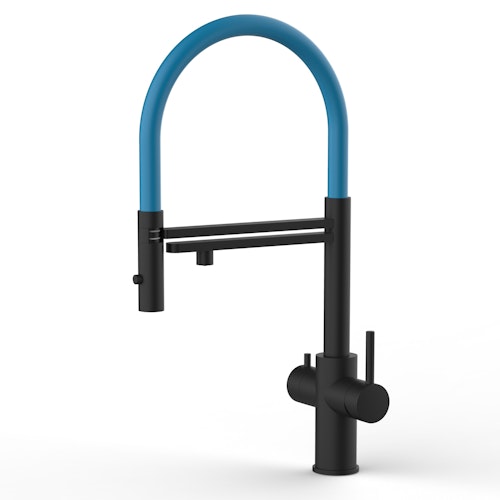 5 Wege Wasserhahn Küchenarmatur, Edelstahl Massiv mit 360° schwenkbarem Auslauf, abnehmbare 2 strahl Handbrause, PVD Schwarz Matt / Hellblau