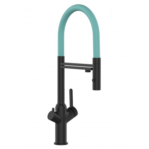 3 Wege Wasserhahn Küchenarmatur, BOD, mit 360° schwenkbarem Auslauf, abnehmbare 2 strahl Handbrause, Schwarz Matt / Türkis