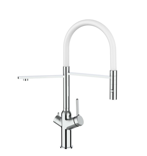 4 Wege Wasserhahn Küchenarmatur, BOD, mit 360° schwenkbarem Auslauf, abnehmbare 2 strahl Handbrause, Verchromt / Weiß