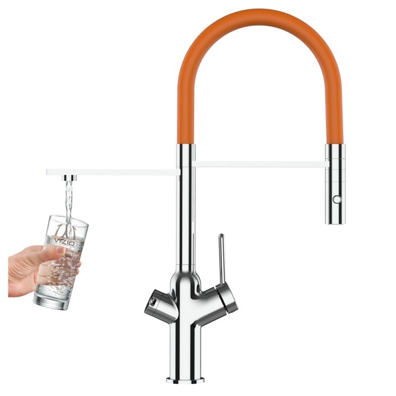 3 Wege Wasserhahn Küchenarmatur, BOD, mit 360° schwenkbarem Auslauf, abnehmbare 2 strahl Handbrause, Verchromt / Orange