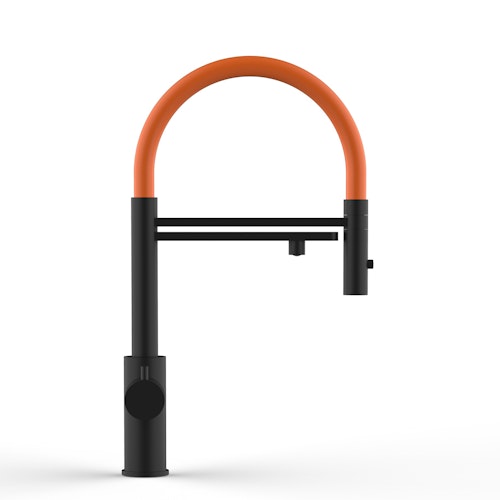 Kurzversion 47 cm - 5 Wege Wasserhahn Küchenarmatur, Edelstahl Massiv mit 360° schwenkbarem Auslauf, abnehmbare 2 strahl Handbrause, PVD Schwarz Matt / Orange