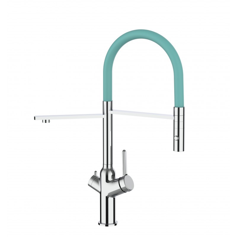 3 Wege Wasserhahn Küchenarmatur, BOD, mit 360° schwenkbarem Auslauf, abnehmbare 2 strahl Handbrause, Verchromt / Türkis