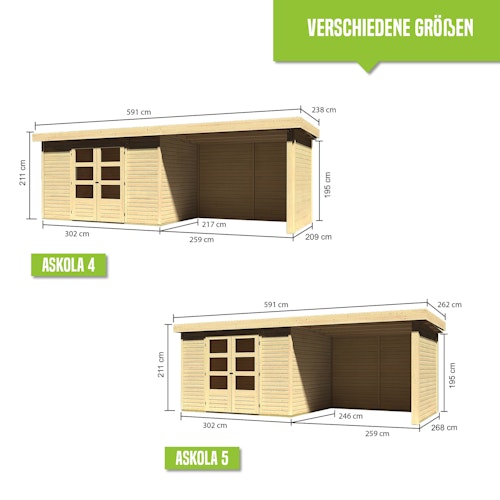 Karibu Woodfeeling Gartenhaus Askola 2/3/3,5/4/5 m. 275 cm Schleppdach/Seiten- und Rückwand in Lamellenoptik