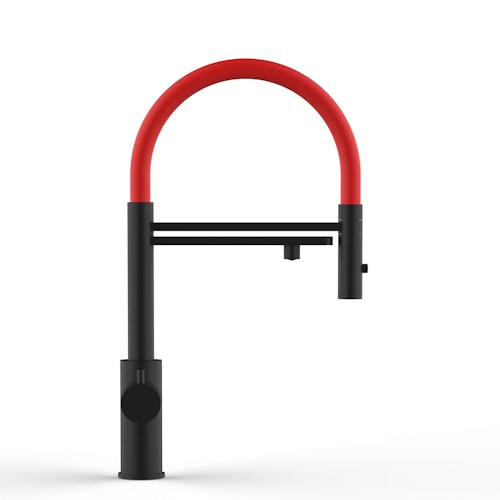 Kurzversion 47 cm - 5 Wege Wasserhahn Küchenarmatur, Edelstahl Massiv mit 360° schwenkbarem Auslauf, abnehmbare 2 strahl Handbrause, PVD Schwarz Matt / Rot