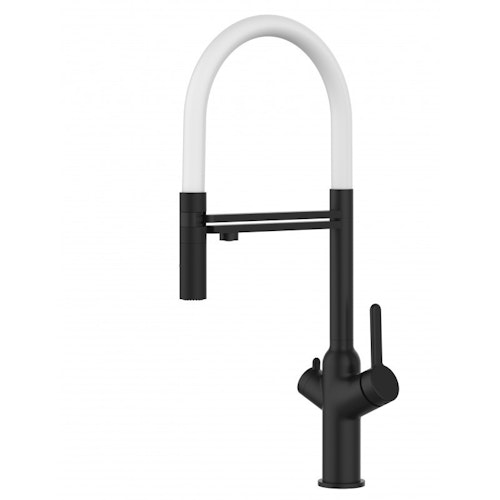 3 Wege Wasserhahn Küchenarmatur, BOD, mit 360° schwenkbarem Auslauf, abnehmbare 2 strahl Handbrause, Schwarz Matt / Weiß