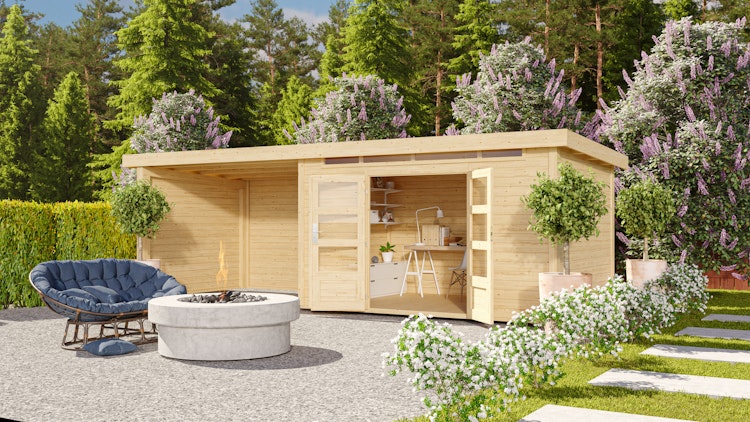 Karibu Woodfeeling Gartenhaus Kandern 6/7 mit 300 cm Schleppdach + Rückwand