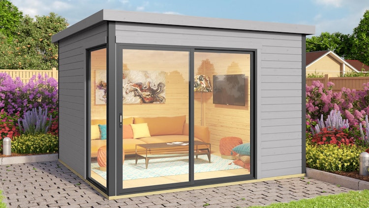 Designhaus 412 Gr. 1 mit Glasschiebetür (Homeoffice-Gartenhaus) - 44 mm