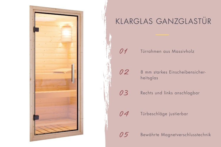 Karibu Saunahaus Fasssauna breit mit Klarglastür - 38 mm
