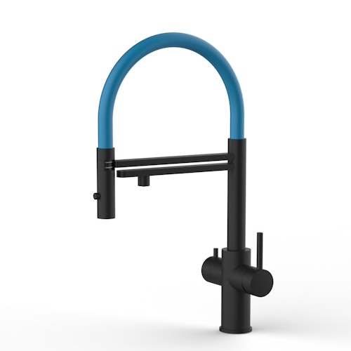 Kurzversion 47 cm - 5 Wege Wasserhahn Küchenarmatur, Edelstahl Massiv mit 360° schwenkbarem Auslauf, abnehmbare 2 strahl Handbrause, PVD Schwarz Matt / Hellblau