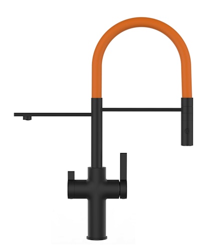 3 Wege Wasserhahn Küchenarmatur, FC, mit 360° schwenkbarem Auslauf, abnehmbare 2 strahl Handbrause, Schwarz Matt / Orange