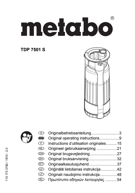 Bedienungsanleitung fÃ¼r Metabo Tauchdruckpumpe TDP 7501 S