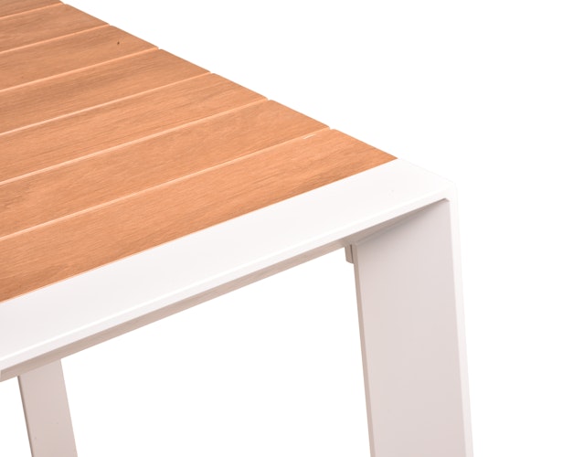 Garden Pleasure Gartenmöbel Set VENICE 01, Tisch 200 x 100 + 4 Stapelssessel, Alu Weiß / Nonwood Teak-Optik / Kunststoffgewebe Hellgrau