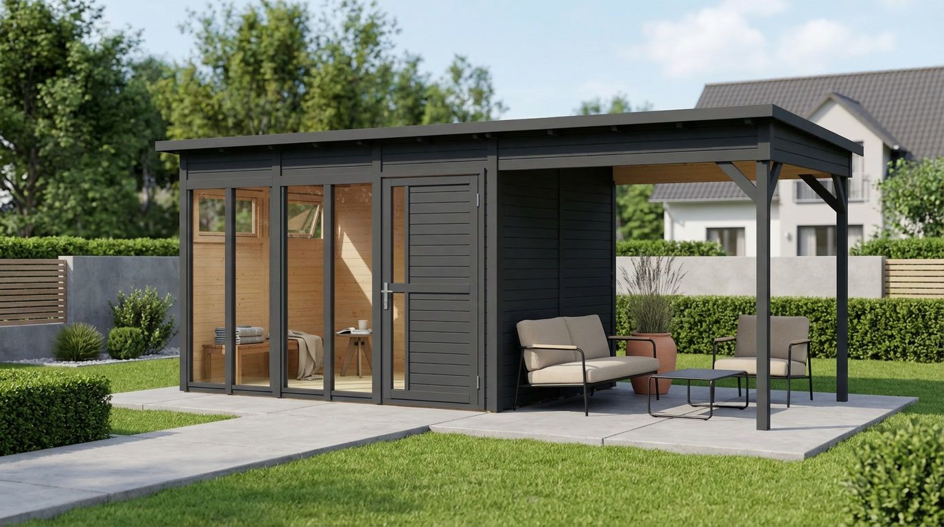 Bertilo Element-Gartenhaus Pentus 3 Office inkl. Lounge-Anbau - 19 mm