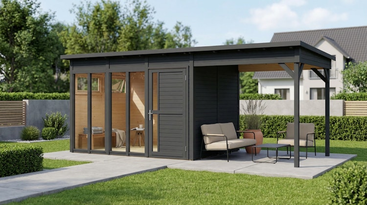 Bertilo Element-Gartenhaus Pentus 2 Office inkl. Lounge-Anbau - 19 mm