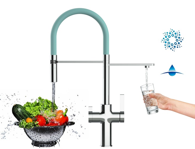 4 Wege Wasserhahn Küchenarmatur, FC, mit 360° schwenkbarem Auslauf, abnehmbare 2 strahl Handbrause, Verchromt / Türkis