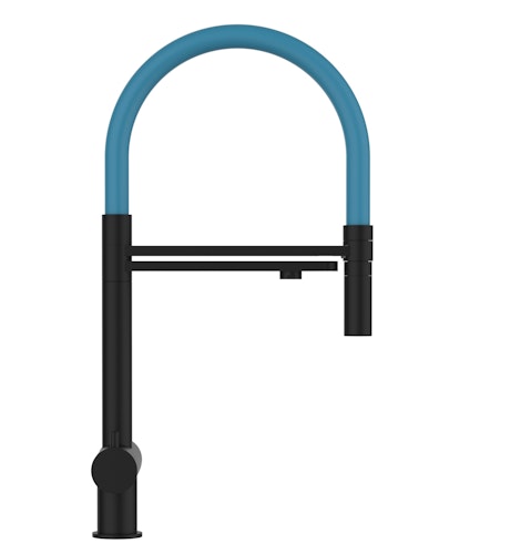 3 Wege Wasserhahn Küchenarmatur, Edelstahl Massiv mit 360° schwenkbarem Auslauf und abnehmbare 2 strahl Handbrause, PVD Schwarz Matt / Hellblau