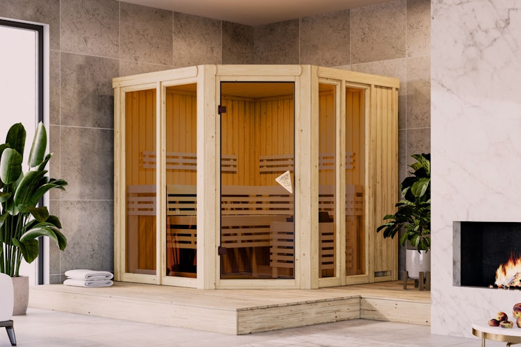 Karibu Sauna Airi Superior mit Eckeinstieg 68 mm inkl. gratis Sauna-Zubehörset im Wert von 234,94 €