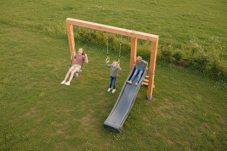 EXIT Linea Massiv 140 Holz-Schaukel mit Rutsche und Turnringen