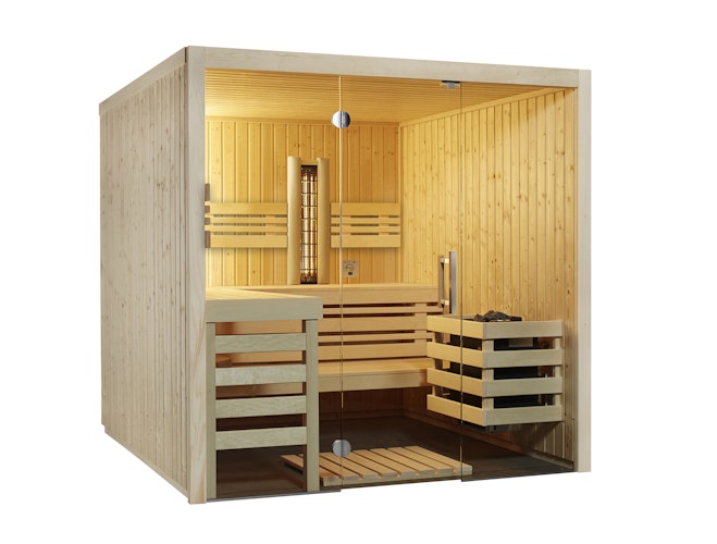 Abverkaufsmodell Infraworld Sauna Panorama Complete 208 Fichte - 75 mm Multifunktionssauna inkl. 5-teiligem gratis Zubehörset