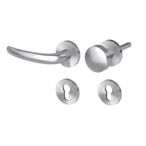 Griffwerk ULMER GRIFF PROF | DESIGN MANUFAKTUR FS -Edelstahl matt -Rosettengarnitur -Schraubt. -Knopf R2 -WL -Stift 9mm -TS 38-50mm