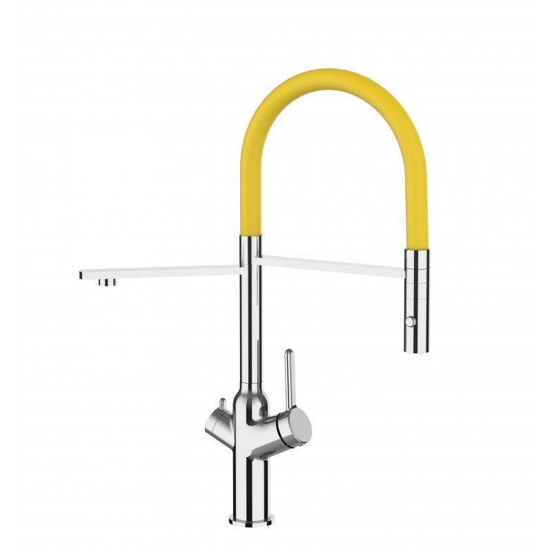 3 Wege Wasserhahn Küchenarmatur, BOD, mit 360° schwenkbarem Auslauf, abnehmbare 2 strahl Handbrause, Verchromt / Gelb
