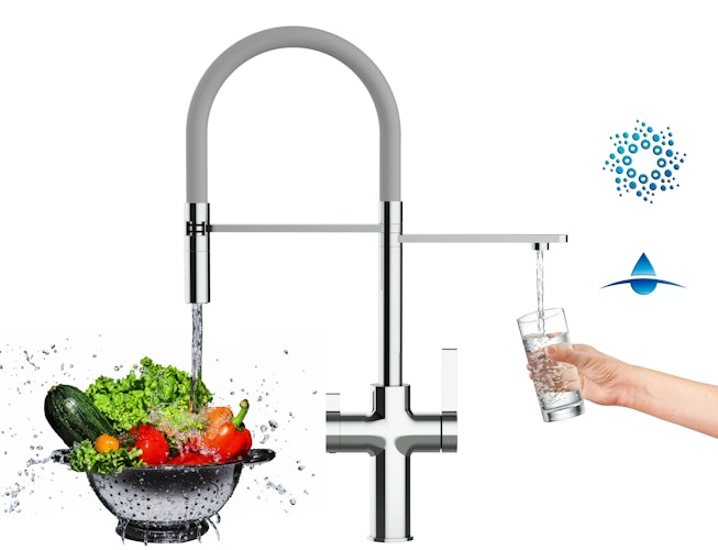 4 Wege Wasserhahn Küchenarmatur, FC, mit 360° schwenkbarem Auslauf, abnehmbare 2 strahl Handbrause, Verchromt / Grau
