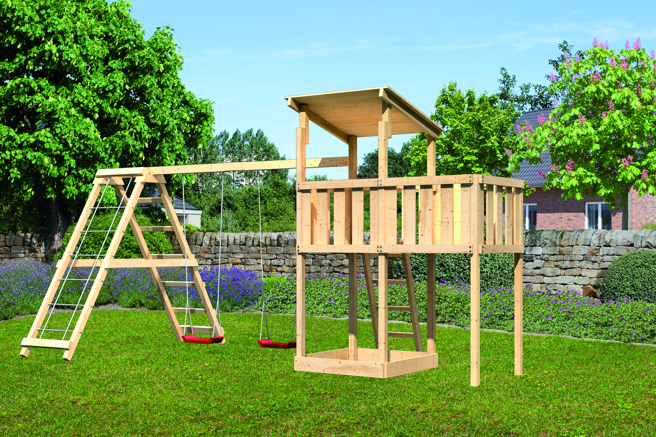 Akubi Kinderspielturm Anna mit Pultdach inkl. Anbauplattform, Doppelschaukel und Klettergerüst